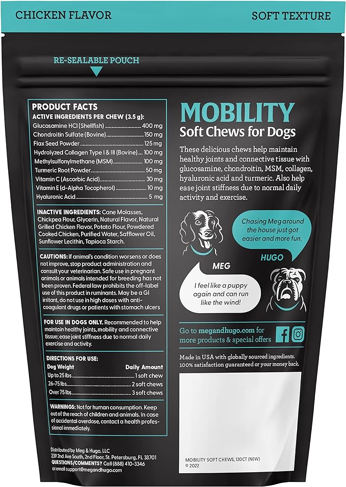 Hip & Joint Supplement for Dogs, 33% More 120 Soft Mobility Chews Glucosamine Chondroitin, Collagen, Turmeric, Hyaluronic Acid, Flaxseed, Vitamin C & E, for Small & Large Breeds, Vet Recommended
