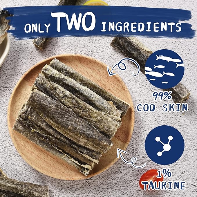 Dog Treats, Cod Skins Dog Treat with Taurine, One-Ingredient Grain-Free Chew Fish Skin Rolls with Rich in Omega3, 8 oz (Cod Skin)