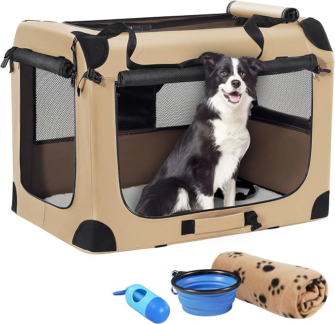 Portable Dog Crate, Collapsible Dog Travel Crate 32x23x23 with Soft Blanket Foldable Bowl and a Poop Bag with Dispenser for Medium & Large Dogs