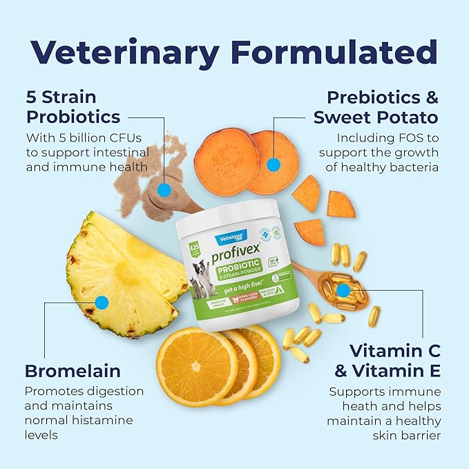 Vetnique Labs Profivex Probiotics for Dogs All Natural Dog Chews & Powder for Digestive Health Probiotic Supplements for Dogs 5 Strains of Probiotics & Prebiotics (Powder, 4.25oz)