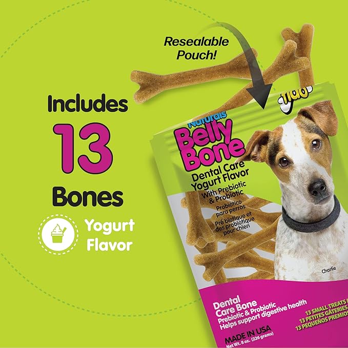 Belly Bones for Dogs, 13 Yogurt Flavor Small Dog Dental Treats (Made in USA) - 13 Count Dog Treats for Small Dogs - Plaque and Tartar Control for Fresh Breath, Digestive Health Support