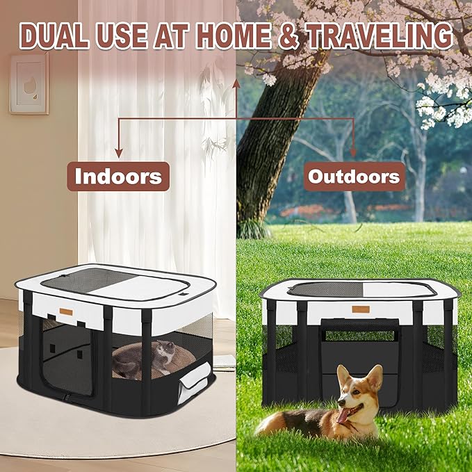 Dog Playpen - Foldable Cat Play Pens for Pubby, Kitten, Rabbit, Portable Pet Tent with Carring Bag for Indoor/Outdoor Travel Camping (Black-Large)