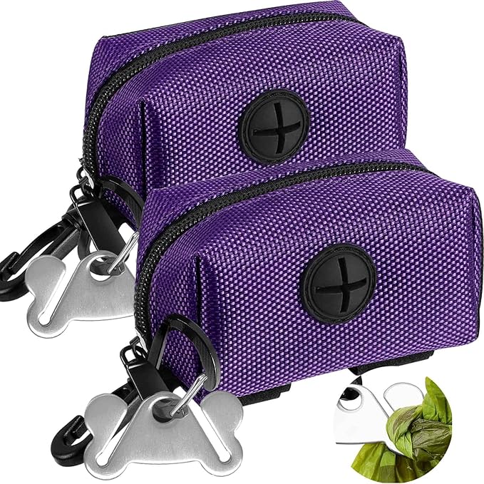 2Packs Dog Poop Bag Holder for Leash Attachment Dog Poop Bag Dispenser Dog Waste Bag Dispensers for Leash Accessory Dog Poop Bag Holders Fits Dog Leash Include Hand Free Holder Metal Carriers, Purple