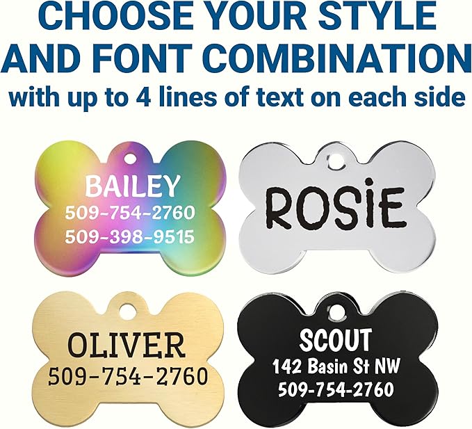 GoTags Dog Tags, Personalized Engraved Dog and Cat ID Tags for Pets, Custom Engraved on Both Sides, Stainless Steel, Rainbow Steel, Black Steel or Solid Brass, Bone Shape Dog ID Tags (Pack of 1)