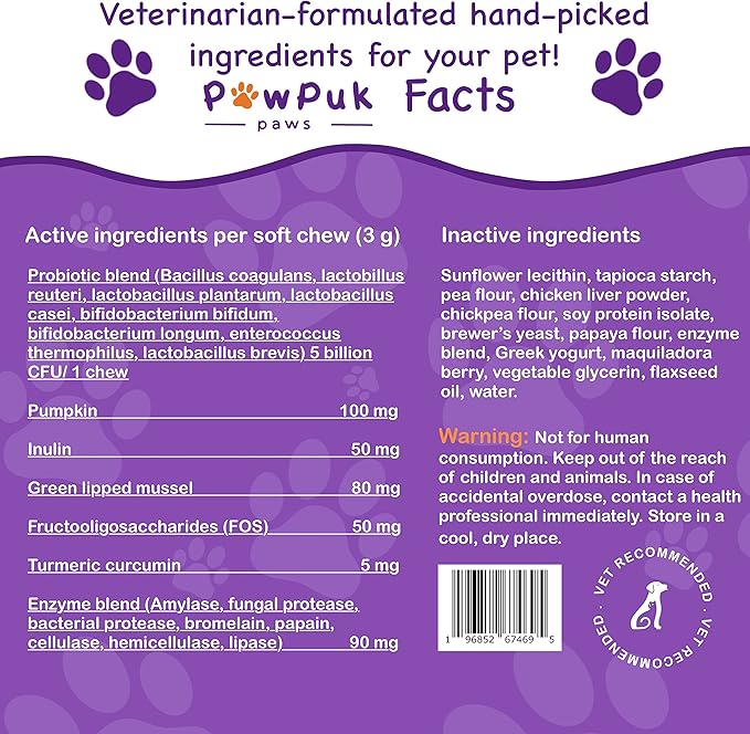 Digestive Supplements for Dogs, Vitamins, Inulin - Beneficial Bacterial Balance, Fiber, Probiotics - Healthy Gut Microbes, Bowel, Intestinal, Immune Support, Proper Solids Elimination