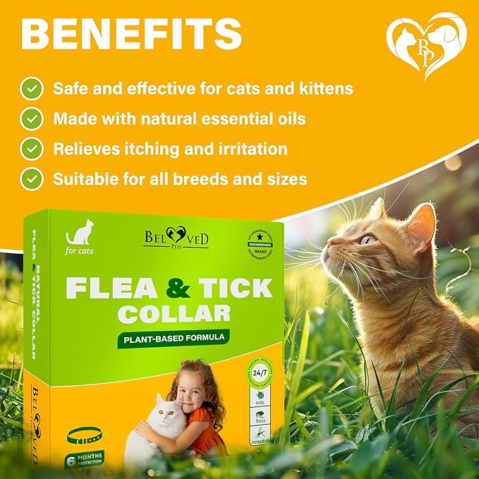 Natural Flea & Tick Collar for Cats - 12 Months Control of Best Prevention & Safe Treatment - Anti Fleas and Ticks Essential Oil Repellent (1 pack)