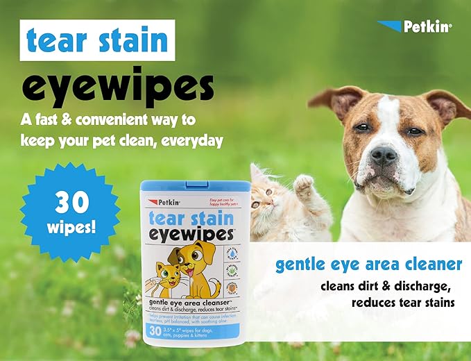 Petkin Pet Eye Wipes, 30 Moist Wipes - Gentle Eye Cleaning Wipes Remove Dirt, Discharge, & Tear Stains - Super Convenient Pet Wipes for Dogs, Cats, Puppies & Kittens - Ideal for Home or Travel