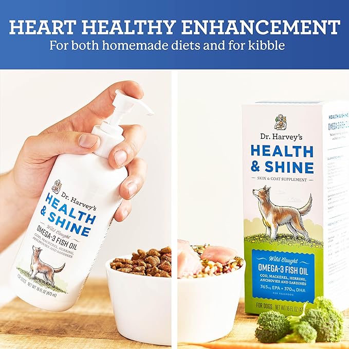 Dr. Harvey’s Health & Shine Omega 3 Fish Oil for Dogs from Wild Caught Cod, Mackerel, Herring, Anchovies and Sardines - Supports Beautiful Fur, Strong Joints and Itchy Allergy Relief (16 FL OZ)