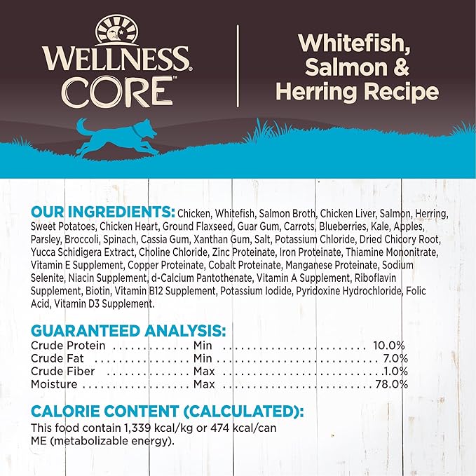 Wellness CORE Natural Wet Grain Free Canned Dog Food, Whitefish, Salmon & Herring, 12.5-Ounce Can (Pack of 12)