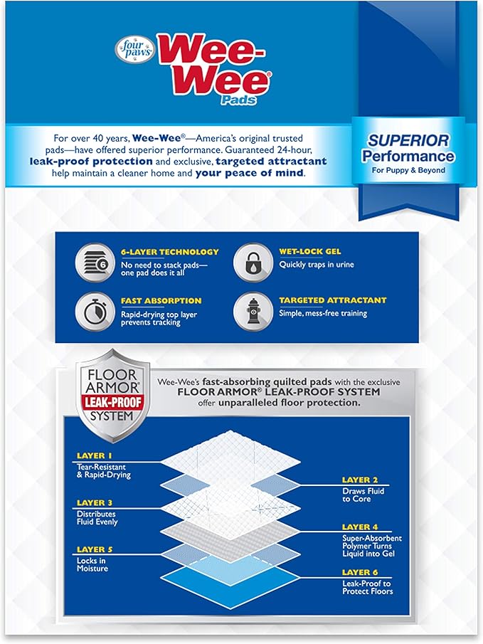 Four Paws Wee-Wee Superior Performance Pee Pads for Dogs of All Sizes, Leak-Proof Floor Protection Dog & Puppy Quilted Potty Training Pads, Unscented, 22" x 23" (14 Count)