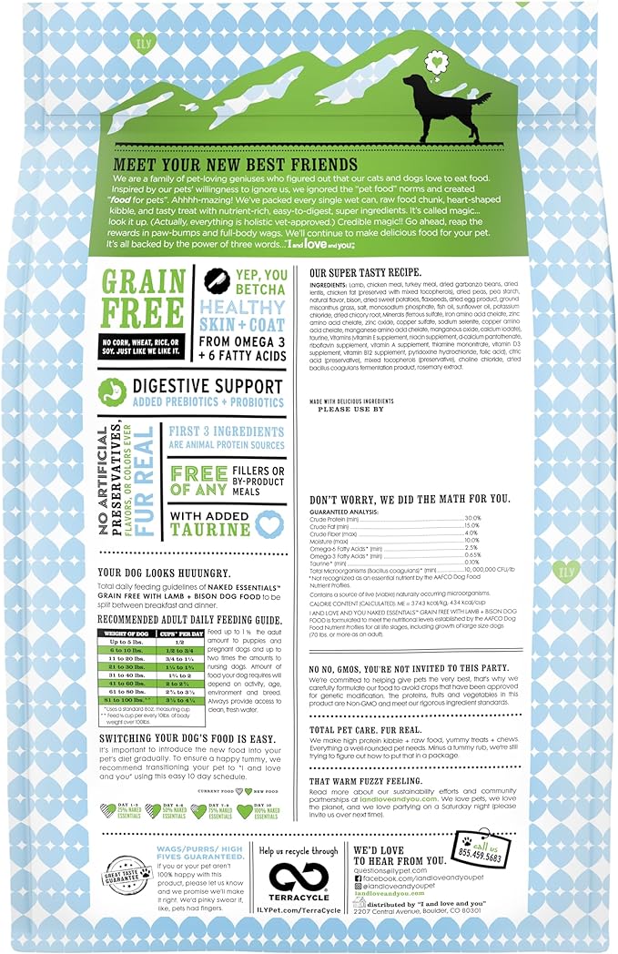 I and love and you Naked Essentials Dry Dog Food - Lamb + Bison - High Protein, Real Meat, No Fillers, Prebiotics + Probiotics, 11lb Bag
