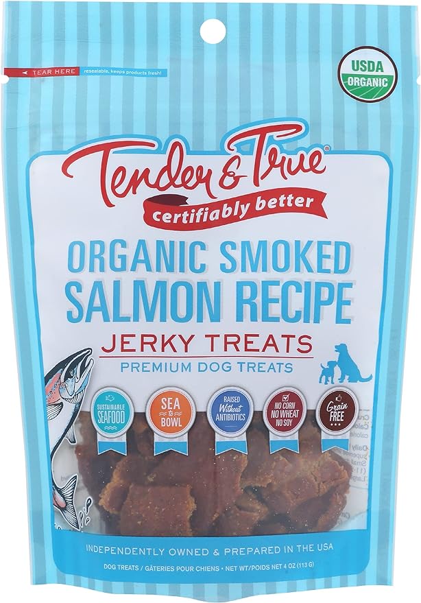 Tender & True Organic Smoked Salmon Recipe, Jerky Treats, Premium Dog Treats, USDA Organic, 4 Oz (Pack of 10)