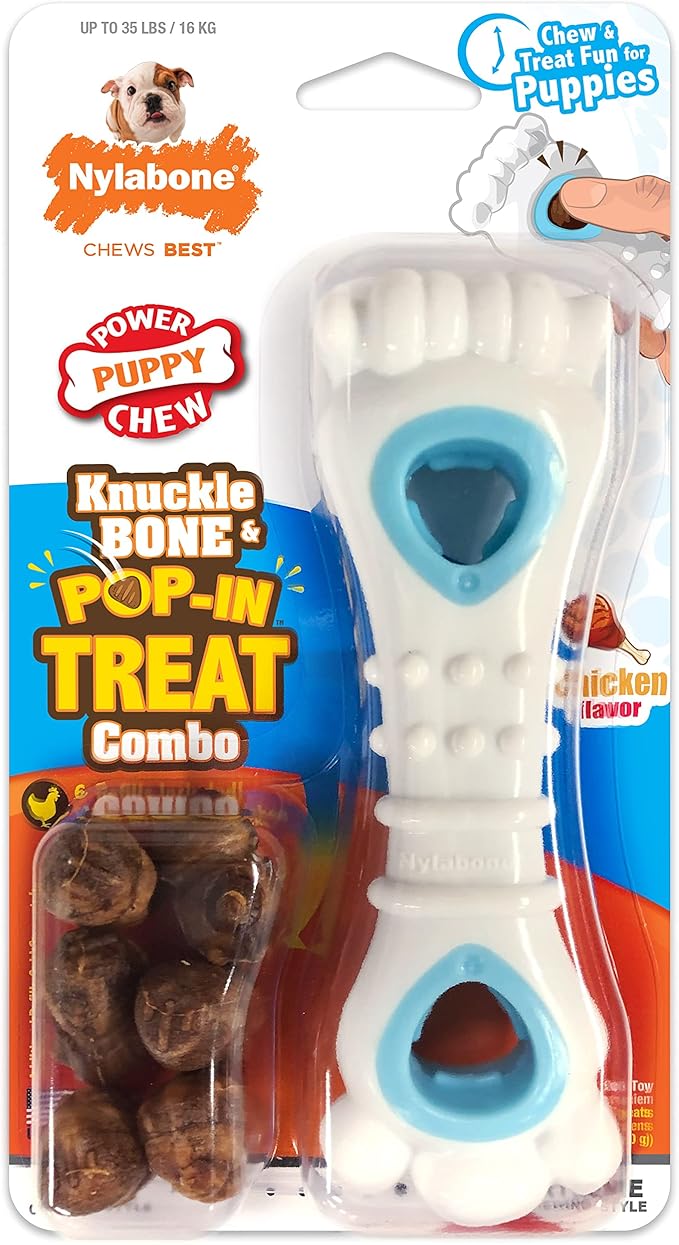 Nylabone Puppy Power Chew Knuckle Bone & Pop-In Puppy Treat Toy Combo Chicken Medium/Wolf (1 Count)
