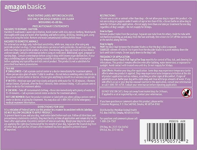 Amazon Basics Flea and Tick Topical Treatment for Large Dogs (45-88 pounds), Unscented, 3 Count (Previously Solimo)