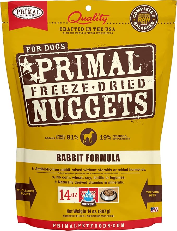 Primal Freeze Dried Dog Food Nuggets, Rabbit; Complete & Balanced Meal; Also Use as Topper or Treat; Premium, Healthy, Grain Free, High Protein Raw Dog Food, 14 oz
