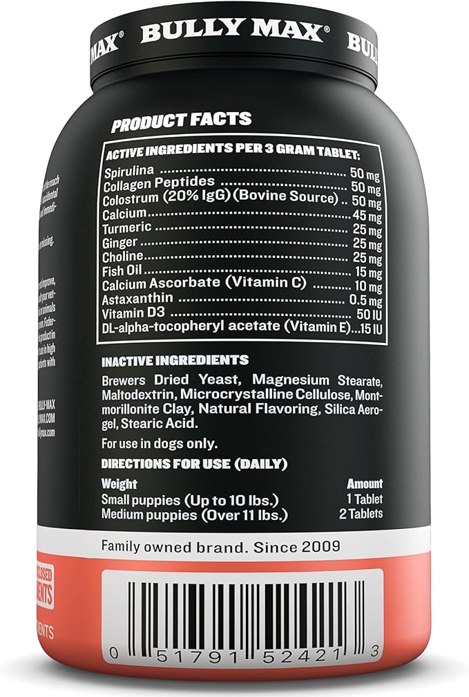 Bully Max 2-in-1 Puppy Vitamins - 30 Chewable Tablets for Development and Growth of Puppies - Dog Vitamin Tablet Supplements for Small Dogs, Large Breed Pups and Growing Dogs (Feed 1-2 Tabs per Day)