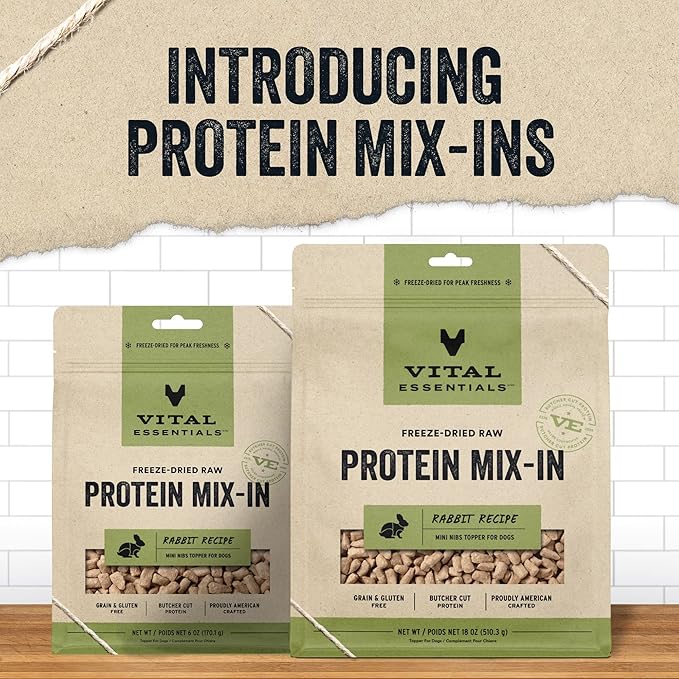 Vital Essentials Freeze Dried Raw Protein Mix-in Dog Food Topper, Rabbit Mini Nibs Topper for Dogs, 6 oz