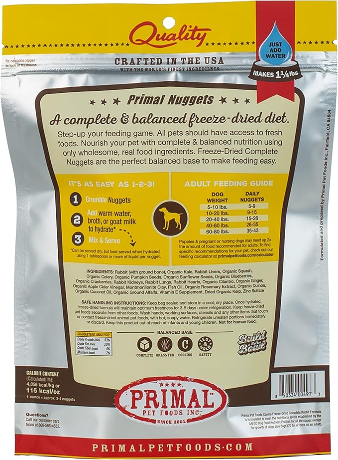 Primal Freeze Dried Dog Food Nuggets, Rabbit; Complete & Balanced Meal; Also Use as Topper or Treat; Premium, Healthy, Grain Free, High Protein Raw Dog Food, 5.5 oz