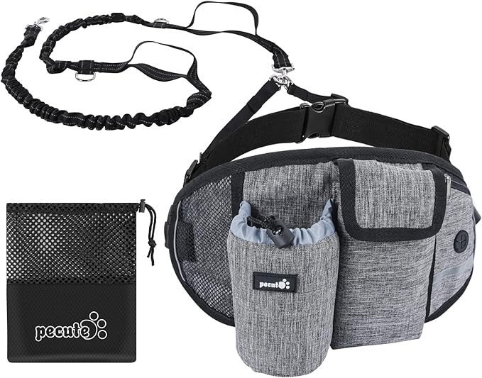 Pecute Hands Free Dog Leash, Waist Dog Running Leash with 2 Shock-Absorbing Bungees, Padded Back, Multi Pouches, Reflective Waist Dog Leash for Medium to Large Dogs Walking Running Hiking