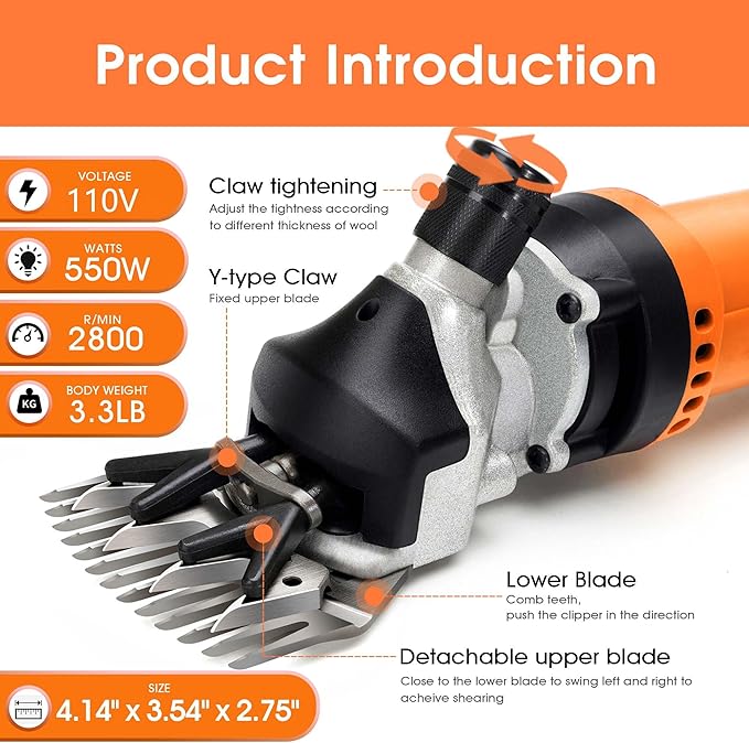 Sheep Shears Electric 550W - Upgraded Professional Sheep Clippers One Blade, 6 Speed Heavy Duty Livestock Haircut for Grooming Sheep Goats Large Dog Thick Coats Animals No Lubricant(Orange)