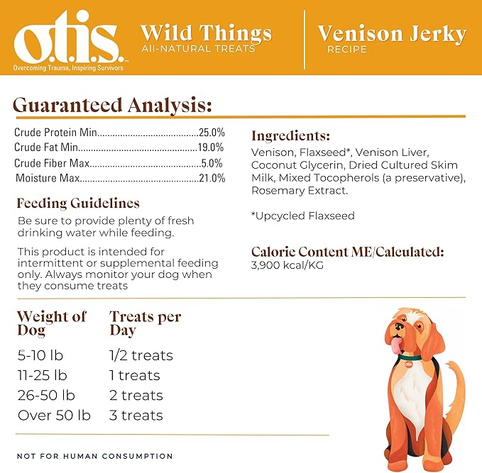 OTIS Venison Jerky for Dogs | Protein Packed, Pasture-Raised, Grass-Fed Venison Jerky Dog Treats Healthy Dog Treats - Wild Things | 4 Ounce Bag