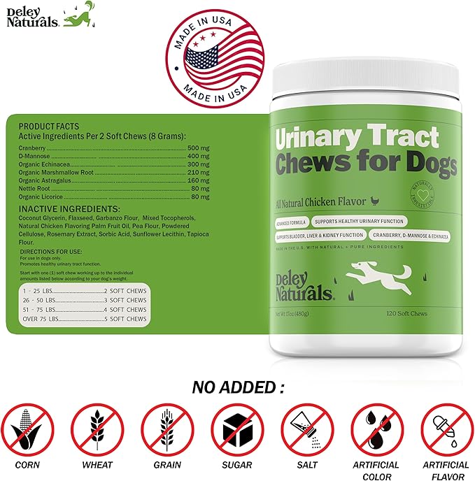 Deley Naturals Dog UTI Prevention - 120 Grain Free Soft Chews - Incontinence, Bladder, Kidney & Immune System Support - Cranberry Pills - D-Mannose & Echinacea - Made in USA - Natural Chicken Flavor