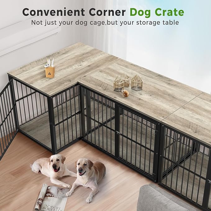 39'' L-Shaped Corner Dog Crate Furniture Large Breed with Double Rooms,Wooden Dog Crate End Table Indoor with Removable Divider for Small to Medium Dogs, Can Use Separately