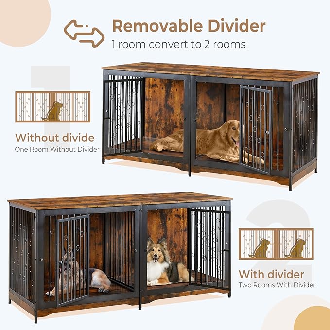 70.86'' Dog Crate Furniture Large Breed TV Stand with Cushion & Double Rooms,Wooden Dog Kennel Dog Crate End Table with Removable Divider for Large Medium Dogs, Brown