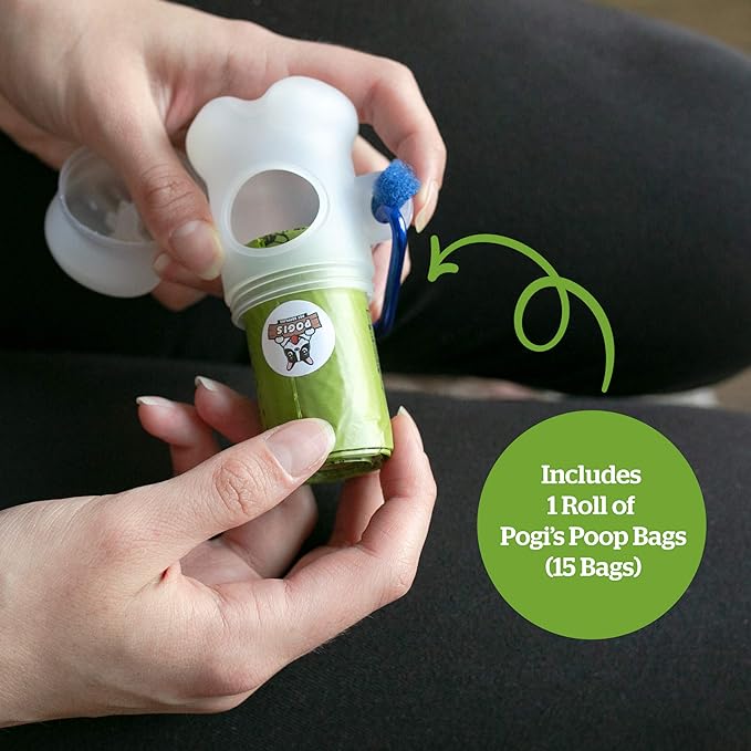 Pogi's Dog Poop Bag Dispenser with Metal Carabiner Clip - Includes 1 Dog Poop Bag Holder for Leashes & 15 Compostable Poop Bags for Dogs