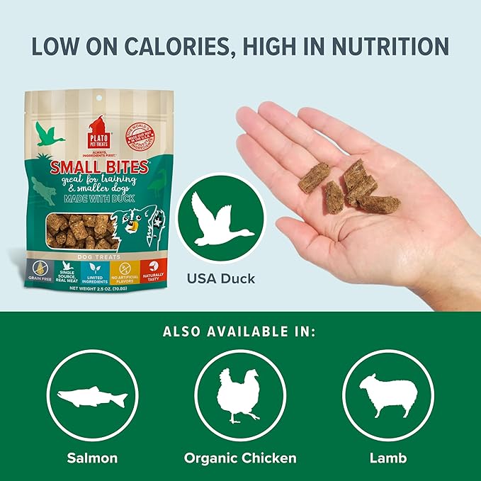 Plato Pet Treats Air Dried Small Bites Dog Treats, Natural Bite Sized Real Meat & Duck, Grain Free & High Protein, Made in the USA, 6oz