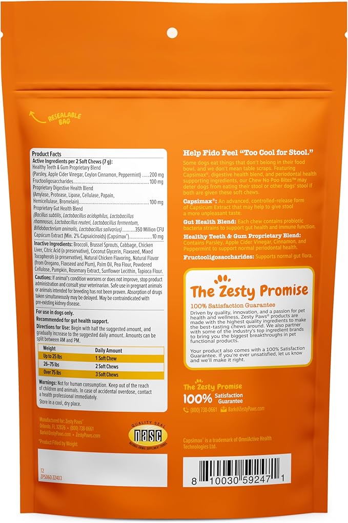 Zesty Paws Chew No Poo Bites for Dogs - Stool Eating Deterrent Soft Chews for Dogs - Gut, Periodontal & Immune System Support - Premium DE111 Bacillus subtilis Probiotic Chicken - 60 Count