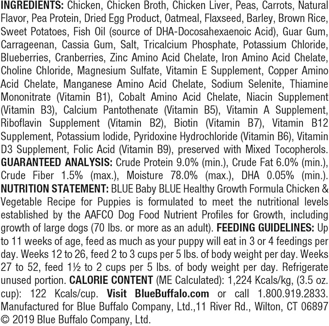 Blue Buffalo Baby BLUE Healthy Growth Formula Natural Puppy Wet Dog Food Cup, Chicken and Vegetable Recipe 3.5-oz Cups (Pack of 12)