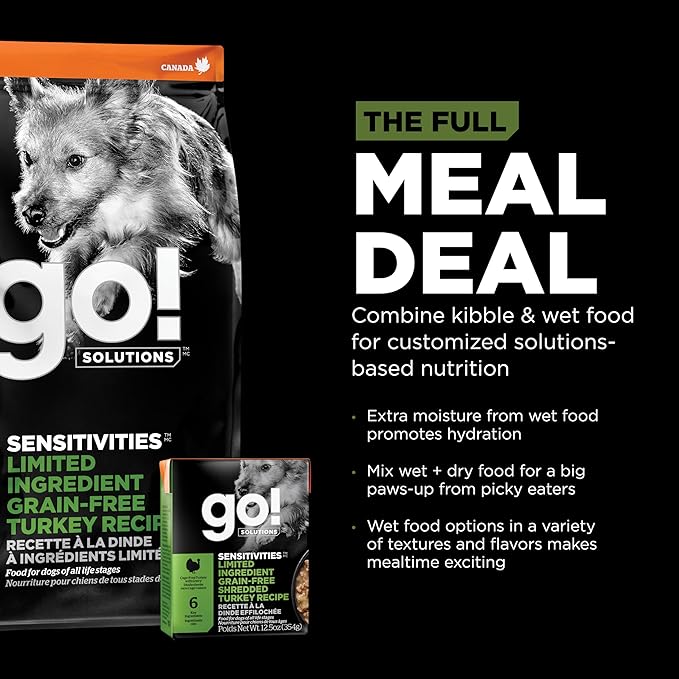GO! SOLUTIONS Sensitivities Limited Ingredient Wet Dog Food - Grain Free Shredded Turkey Recipe - Complete & Balanced Nutrition for All Life Stages, 12.5 oz