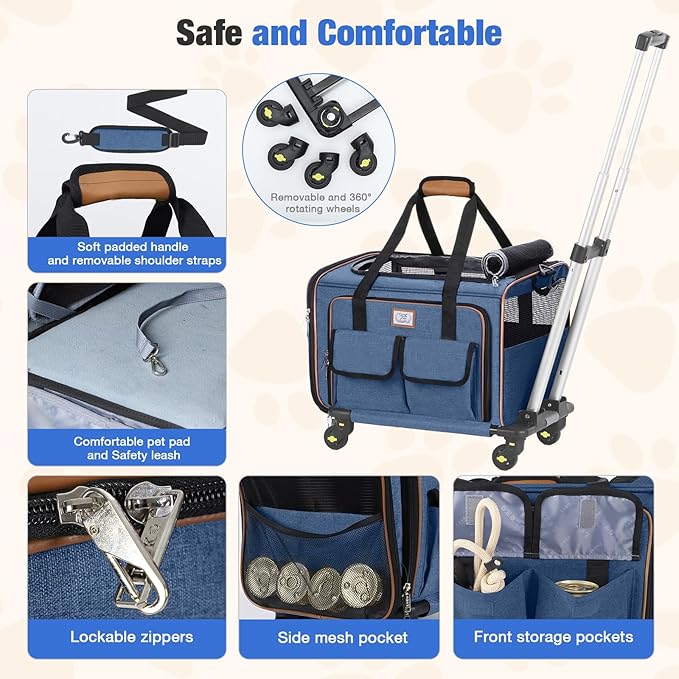 Lekereise Airline Approved Cat Dog Carrier with Wheels Expandable Rolling Pet Carrier for Medium Dogs and Cats Under 15 25LBS, Pet Travel Carrier on Wheels, Blue