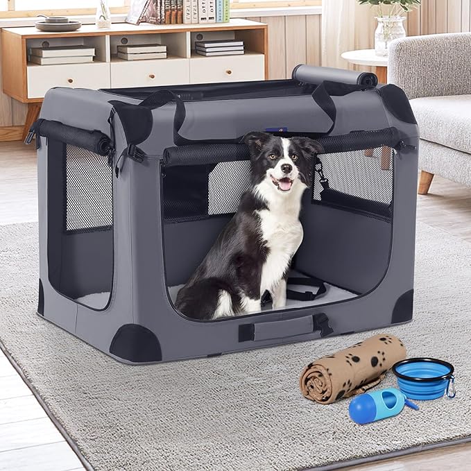 Portable Dog Crate, Collapsible Dog Travel Crate 32x23x23 with Soft Blanket Foldable Bowl and a Poop Bag with Dispenser for Medium & Large Dogs