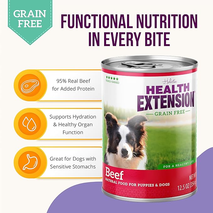 Health Extension Wet Dog Food, Gluten and Grain-Free, Healthy Natural Food Canned for Puppies, Include Beef Ingredient (12.5 Oz / 374 g)