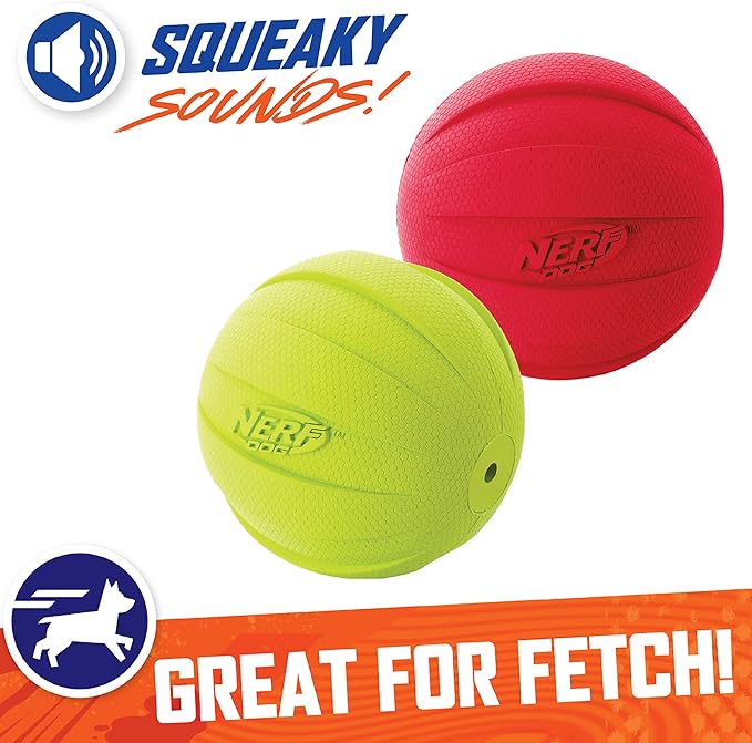 Nerf Dog Classic Ball Dog Toy with Interactive Squeaker, Lightweight, Durable and Water Resistant, 3.8 Inches, for Medium/Large Breeds, Two Pack, Green and Red