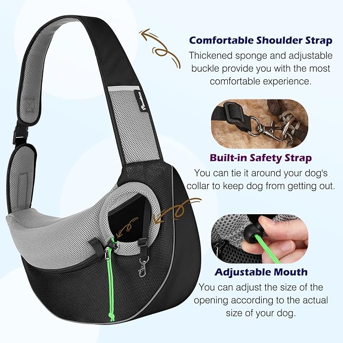 Pawaboo Pet Dog Sling Carrier, Hand Free Drawstring Dog Papoose with Adjustable Strap, Breathable Mesh Bag for Puppy Cat, Crossbody Satchel Dog Purse with Pocket for Outdoor Travel, Black, Large