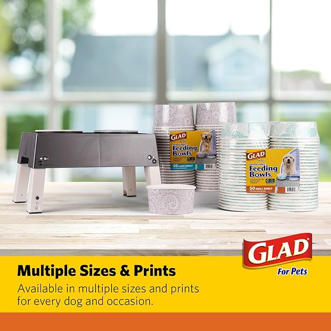 Glad for Pets Disposable Feeding Bowls | Small Dog Bowls in Teal Pattern | 1.75 Cup Feeding Size, 100 Count - Dog Bowls are Great for Dry and Wet Dog Food or Water, Teal, 25 Count (Pack of 4)