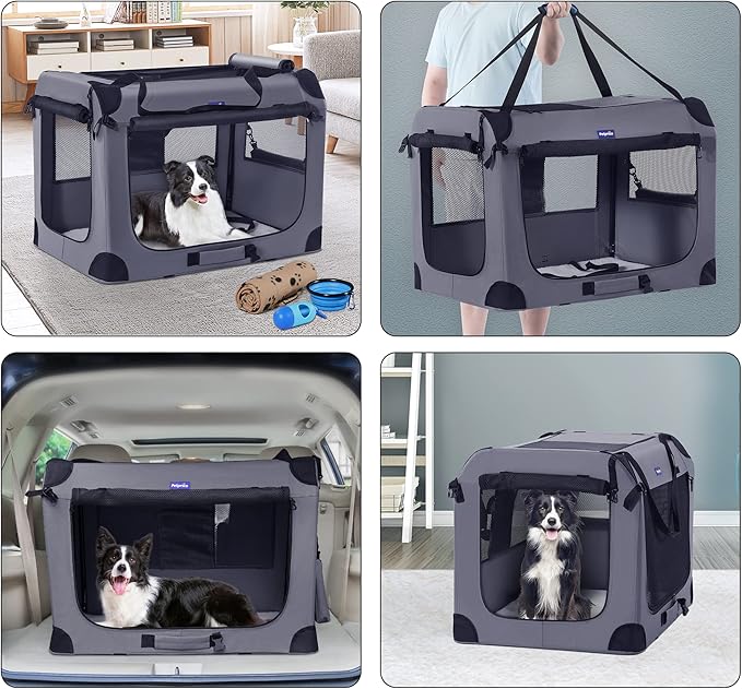 Portable Dog Crate, Collapsible Dog Travel Crate 32x23x23 with Soft Blanket Foldable Bowl and a Poop Bag with Dispenser for Medium & Large Dogs