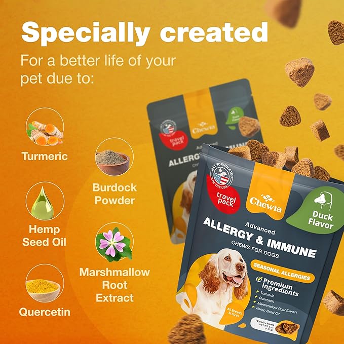Seasonal & Environmental Dog Allergies Protection Chews - Itch Relief Canine Chewables - All Breeds & Sizes - Travel Pack Convenient Packaging