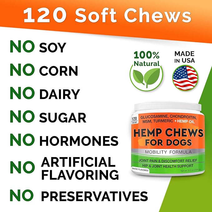 Hemp Hip & Joint Supplement for Dogs - Made in USA - Glucosamine - MSM - Turmeric - Hemp Seed Oil Infused Treats - Natural Joint Pain Relief & Mobility - 120 Soft Chews