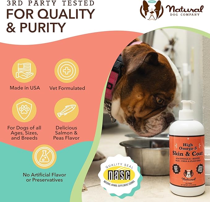 Natural Dog Company Skin & Coat Oil (16 oz.), Supports Skin Health, Fish Oil Supplements for Dogs, Soft Coat, Salmon Oil & Flaxseed Oil, Fatty Acids, Bottle of Dog Fish Oil with pump, Antioxidant
