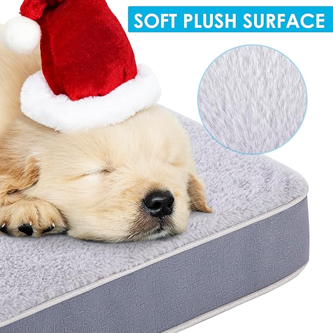 Orthopedic Dog Bed for Large Dogs, Waterproof Deluxe Plush Dog Crate Bed with Removable Washable Cover & Anti-Slip Bottom, Egg Crate Foam Pet Bed Mat, 35 x 22 Inches, Silver Grey