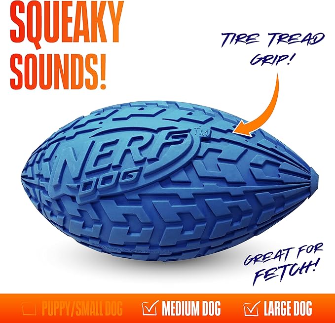 Nerf Dog Tire Football Dog Toy with Interactive Squeaker, Lightweight, Durable and Water Resistant, 6 Inch Diameter for Medium/Large Breeds, Single Unit, Blue (1571)