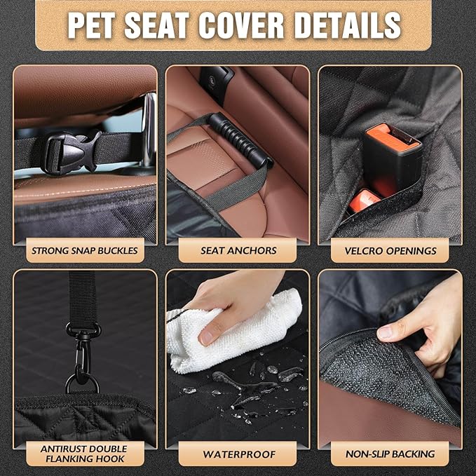K KNODEL Dog Seat Cover, 100% Waterproof Car Seat Cover for Pets, Pet Seat Cover Dog Hammock, Heavy Duty Scratch Proof Pet Back Seat Covers, Zippered Side Flaps for Cars, Trucks and SUVs (Black)