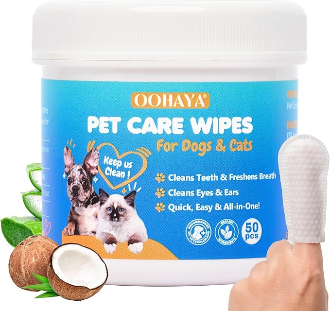 3-in-1 Pet Finger Wet Wipes for Dogs & Cats, Soft Disposable Finger Towels for Eye, Ear, & Dental Care, Freshen Breath with Deep Teeth Cleaning Support, Pack of 50