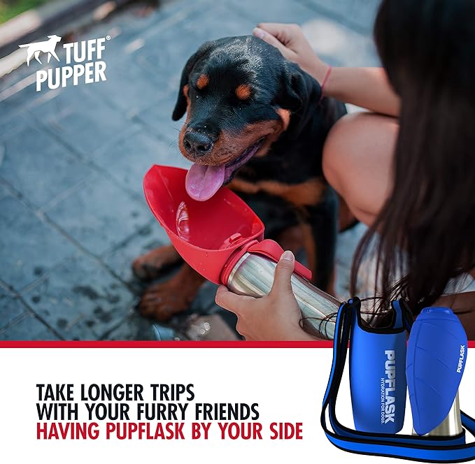 Tuff Pupper PupFlask Insulated Neoprene Dog Water Bottle Holder Sling with Wide Adjustable Shoulder Strap, Great for Travel, Walking, Hiking, Portable Pet Water Bottle Holder (27 OZ, Nebulas Blue)
