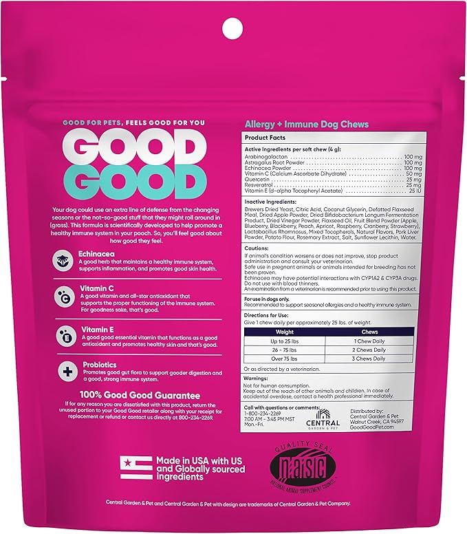GoodGood Allergy + Immune Dog Supplements; Supports Seasonal Allergies; Chewable Soft Treats with Echinacea; Probiotics; Vet Formulated; 90 Natural Flavor Chews