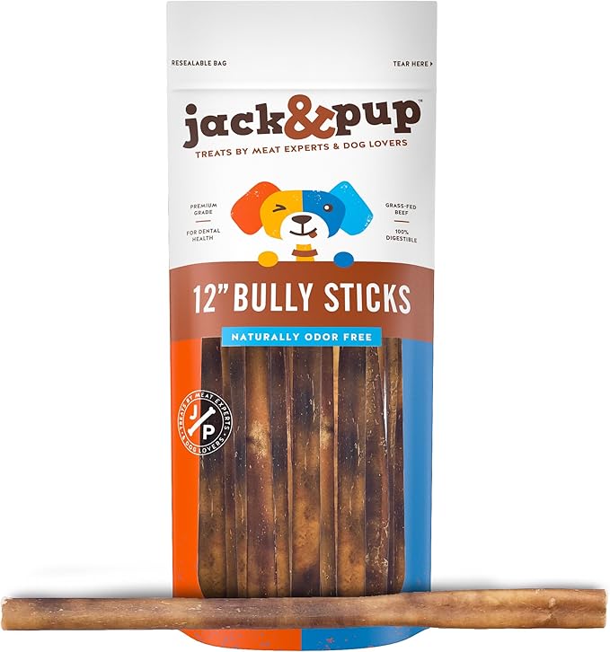 Jack&Pup 12-inch Premium Grade Odor Free Bully Sticks Dog Treats (18 Pack) 12” Long All Natural Gourmet Dog Treat Chews Fresh and Savory Beef Flavor – Long Lasting Treat